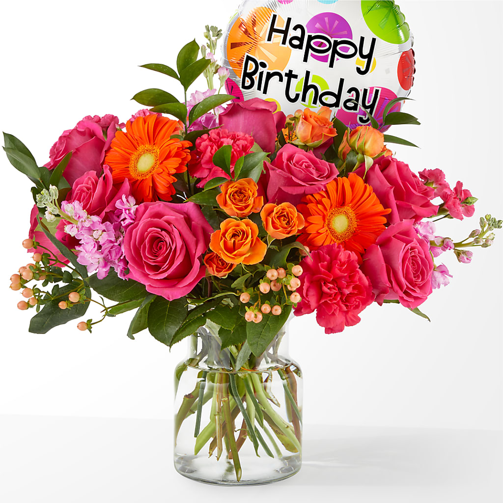 Fiesta Bouquet with Birthday Balloon – Creative Designs, Wilmington NC